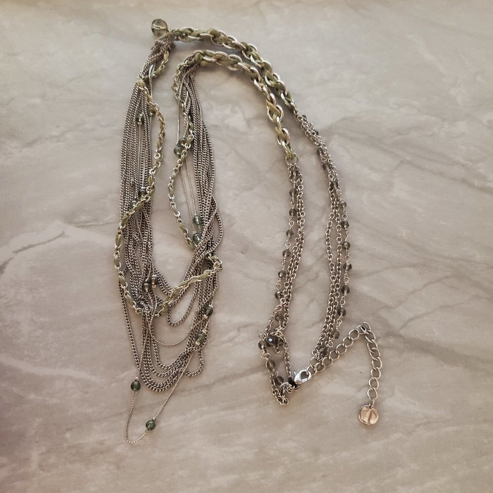 ✨ Talbots Necklace Multi Strand Green Silver Chain Fabric Raffia Beaded Peppy ✨ - Picture 1 of 6